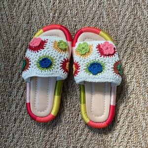 FARM Rio White Crochet Floral Slide Sandals with Multicolor Trim